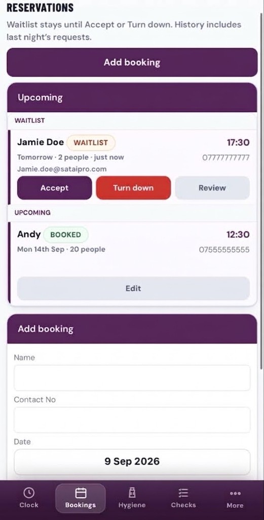 RESERVATIONS: WAITLIST Accept Turn down and BOOKED covers