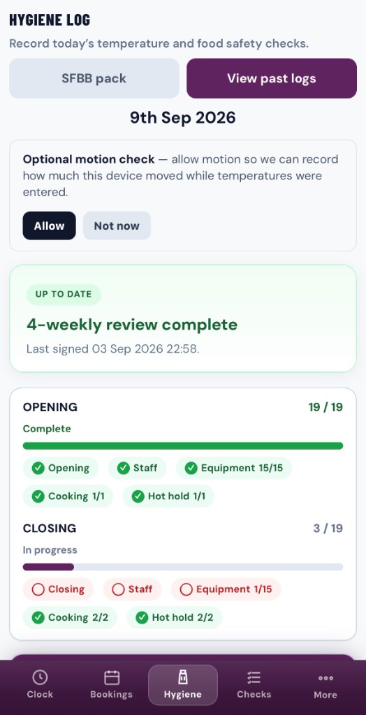 HYGIENE LOG with SFBB pack button and opening closing progress