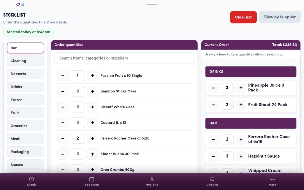 STOCK LIST order quantities with Current Order total